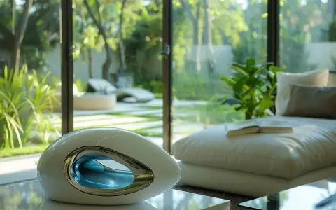 Appareil futuriste au design épuré, son rôle de l'évaporateur frigorifique est de rafraîchir l'air ambiant d'un salon moderne donnant sur un jardin luxuriant.