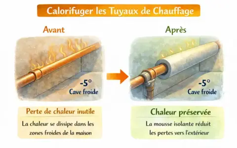 Avant/Après : calorifuger les tuyaux de chauffage pour éviter la perte de chaleur dans une cave froide.