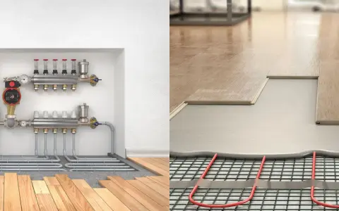 Système de chauffage par le sol : le réglage température plancher chauffant est assuré par un collecteur et des tuyaux intégrés sous le parquet.