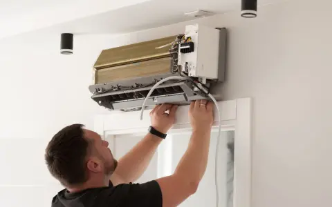 Un homme installe un climatiseur. Le tuyau d'évacuation de la clim qui chauffe est visible.