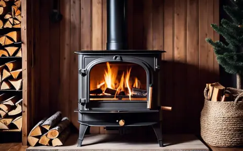 Un poêle à bois noir crache des flammes vives, réchauffant une pièce aux murs lambrissés. Du bois est empilé à gauche et dans un panier à droite, prêt pour le tirage poele a bois.