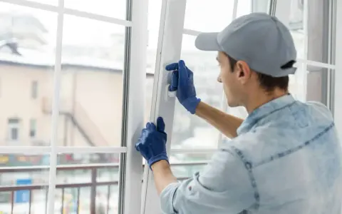 Un ouvrier ajuste une fenêtre pour isoler du froid. Il porte des gants bleus et une casquette grise.