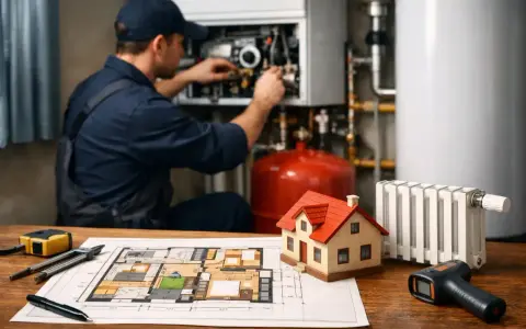 Planification du prix d'installation du chauffage pour une maison de 120m2. Un technicien travaille sur une chaudière.