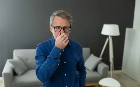 Homme d'âge mûr se pinçant le nez, visiblement incommodé par une mauvaise odeur de clim neuve dans son salon moderne.