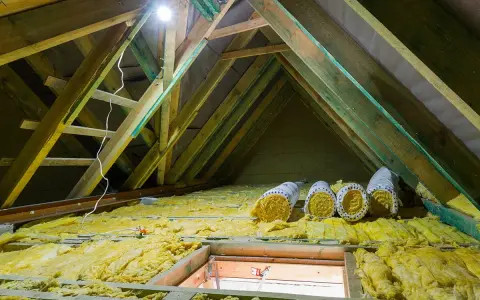 Travaux en cours pour isoler les combles. Rouleaux d'isolant jaune posés sur la structure en bois, sous un éclairage vif.