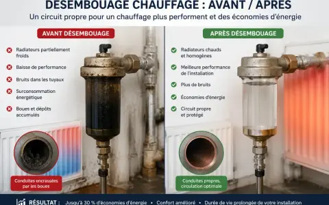 Avant/après désembouage radiateur : circuit encrassé vs propre, améliorant performance et économies d'énergie.