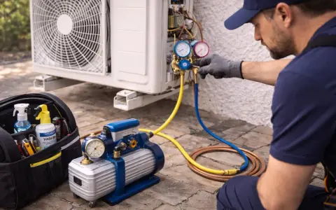 Technicien vérifiant la pression d'une clim. Il utilise un manomètre et des tuyaux pour savoir comment purger une clim sans pompe à vide.