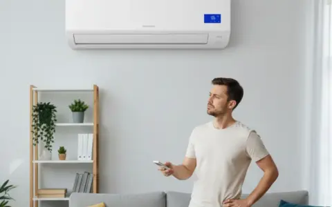Un homme réfléchit à la question : faut-il laisser tourner une clim en permanence en mode chauffage ? Il tient une télécommande, regardant l'appareil mural.
