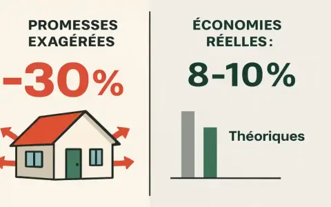 Comparaison des promesses d'isolation des combles : -30% théoriques vs 8-10% réels.