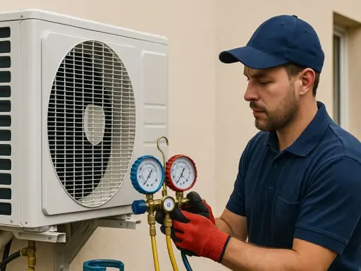 Un technicien vérifie la pression d'une unité extérieure de climatisation. C'est le bon moment pour savoir quand recharger clim maison.