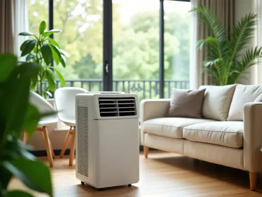 Climatiseur mobile blanc dans un salon lumineux, près d'un canapé beige et de plantes vertes. Idéal pour un confort optimal, même par temps chaud.