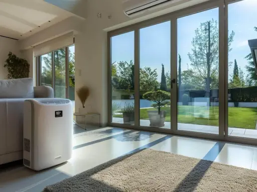 Climatiseur mobile 80m2 blanc, discret près d'un canapé, dans un salon lumineux avec vue sur jardin.