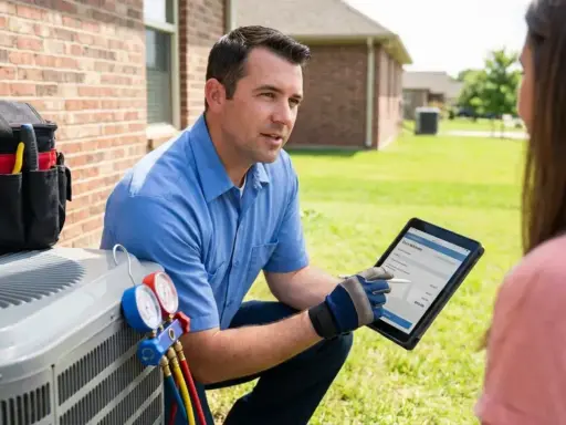 Un technicien discute du tarif dépannage climatisation avec un client, tablette à la main, près d'une unité extérieure.