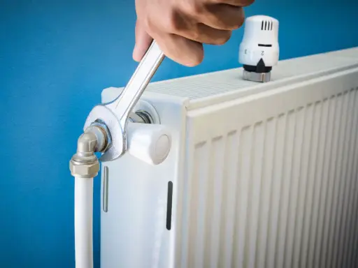 Main tenant resserre une connexion sur un radiateur qui fait du bruit.
