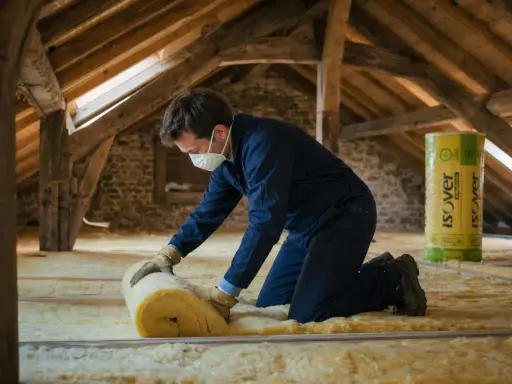 Un ouvrier installe de l'isolant dans des combles aménageables. Le prix au m2 de l'isolation des combles aménageables est un investissement pour le confort.