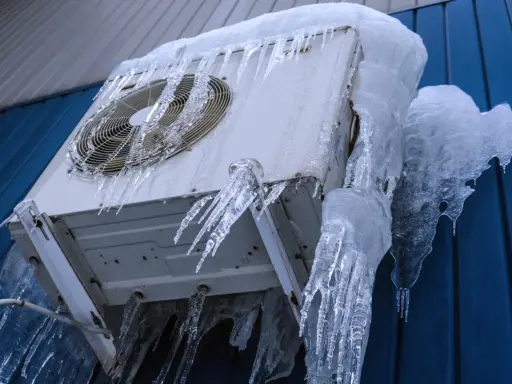 Unité intérieure clim qui givre, recouverte de stalactites de glace impressionnantes. L'appareil semble figé par le froid intense.