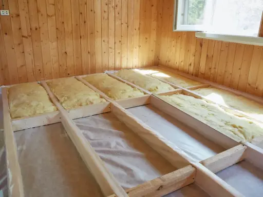 Travaux d'isolation plancher bois en cours. Laine de verre posée entre les solives en bois, prête pour la prochaine étape de construction.