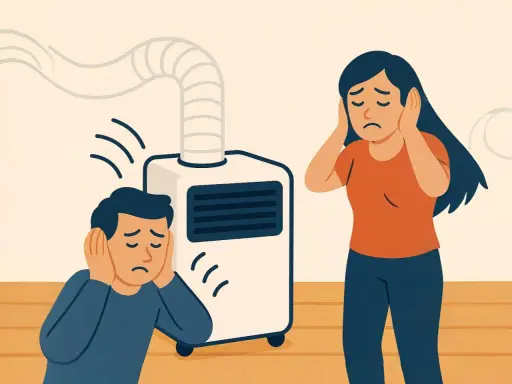 Un homme et une femme se bouchent les oreilles, dérangés par le niveau sonore d'un climatiseur mobile.