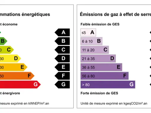 Étiquettes énergie et GES : le **dpe** classe les logements de A à G pour la consommation et les émissions. A est le plus performant.