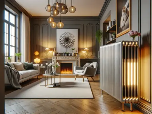 Un élégant salon moderne avec un canapé confortable, une cheminée et un radiateur électrique au design unique, illuminé de l'intérieur.