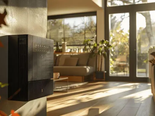 Un radiateur basse consommation noir, moderne, est fixé au mur d'un salon lumineux.
