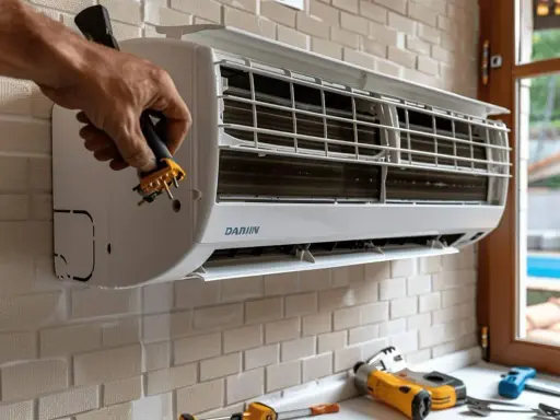 Main d'un technicien branchant un appareil Daikin. Prêt pour le mode chauffage clim Daikin.