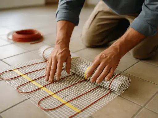 Pose d'un tapis chauffant pour plancher chauffant. La colle spéciale est prête pour la pose du carrelage.
