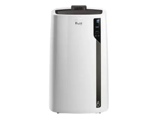Climatiseur mobile blanc DeLonghi Pinguino PAC EL92 Silent, avec écran numérique et logo pingouin.