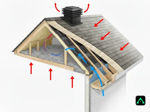 Schéma d'une toiture froide montrant la ventilation et l'isolation. Les flèches indiquent le flux d'air et la chaleur.