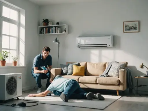 Deux hommes s'occupent d'une unité extérieure de climatisation, peut-être en raison d'une panne de climatisation. L'un est penché sur l'appareil, l'autre consulte une tablette.