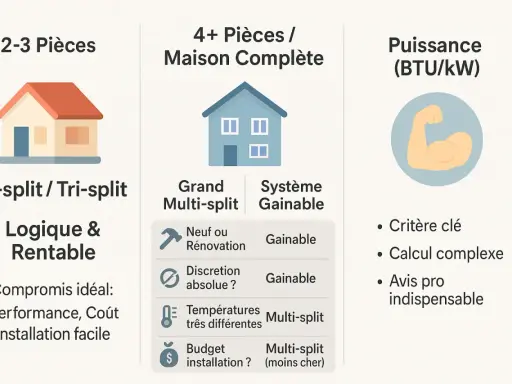 Comparaison de systèmes de climatisation : bi-split pour 2-3 pièces, multi-split pour maisons complètes, et puissance. La technologie inverter est clé pour un calcul complexe.