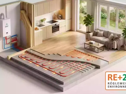 Vue éclatée d'une maison montrant un système de plancher chauffant et rafraîchissant, avec une pompe à chaleur (PAC) et des tuyaux rouges et bleus.