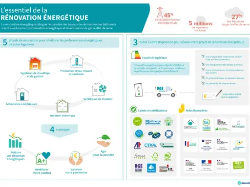 Infographie sur la rénovation énergétique : 5 projets, 3 outils (dont l'audit énergétique), 4 avantages et aides financières.