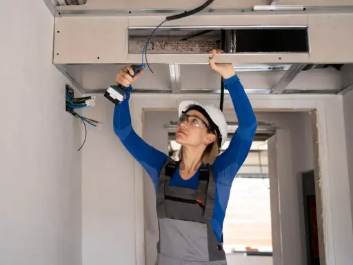 Installation d'un système de climatisation gainable plafond. Une ouvrière visse une plaque de plâtre.