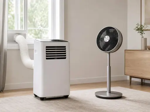 Un climatiseur sans évacuation, avec son tuyau dirigé vers la fenêtre, et un ventilateur sur pied dans une pièce lumineuse.