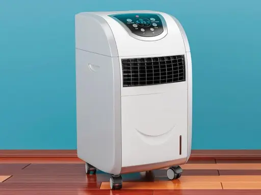Climatiseur mobile appartement blanc, sur roulettes, avec écran de contrôle bleu. Idéal pour rafraîchir votre espace.
