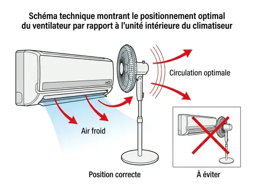 Schéma montrant le positionnement idéal d'un ventilateur pour une circulation optimale de l'air froid du climatiseur en mode auto.