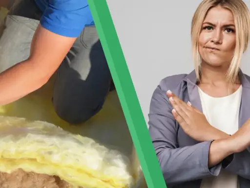 Comparatif isolant : pose de laine de verre et femme faisant un signe d'arrêt.