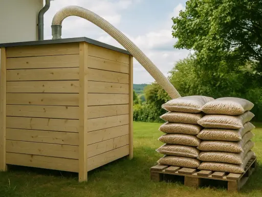 Stock de granulés de bois pour une chaudière à granulés avis. Un tuyau souple relie le silo en bois à la pile de sacs.