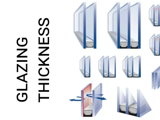 Illustrations de différentes épaisseurs de double vitrage, avec texte "GLAZING THICKNESS".