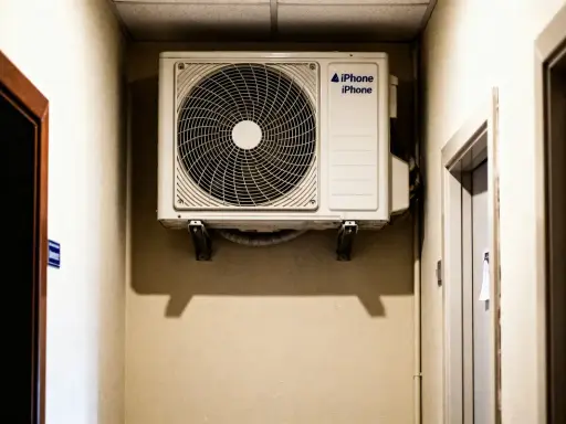 Clim dans couloir pour refroidir les chambres. L'unité extérieure d'un climatiseur est fixée au mur, prête à diffuser de la fraîcheur.