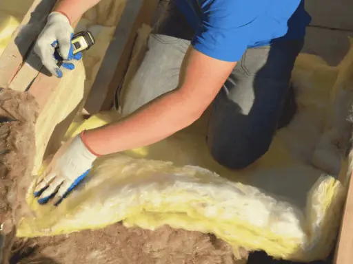 Pose d'isolant jaune entre les solives pour l'isolation plancher bas. Gants blancs et bleus, mètre en main.