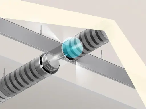 Schéma d'installation d'une clim réversible gainable : conduits métalliques fixés au plafond, avec une zone de diffusion d'air bleuée.