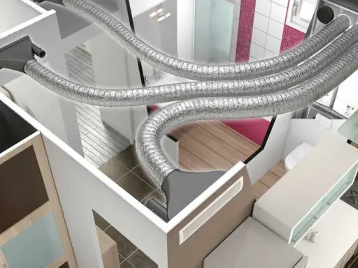 Vue en coupe d'une maison montrant les conduits d'un système de chauffage gainable. L'inconvénient chauffage gainable est l'encombrement des tuyaux dans les faux plafonds.