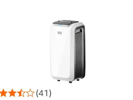Climatiseur Black et Decker blanc et noir, sur roulettes, avec panneau de contrôle tactile sur le dessus.
