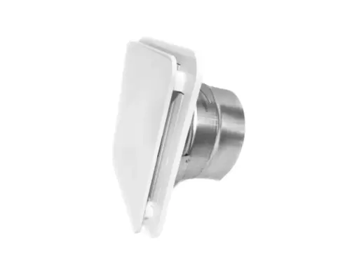 Bouche gainable plafond blanche, au design moderne, avec son conduit métallique.