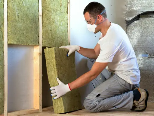Un ouvrier installe un isolant minéral dans un mur. Pour une isolation par injection, le prix peut varier.