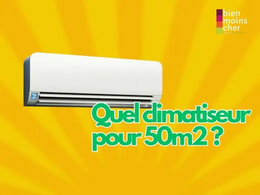 Climatiseur mural blanc sur fond jaune. Le texte demande "Quel climatiseur pour 50m2?". Un bilan thermique est essentiel pour choisir.
