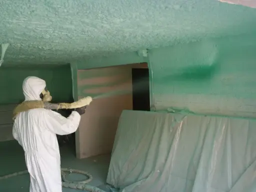 Un ouvrier en combinaison blanche projette du polyuréthane sur un plafond, créant une isolation texturée.