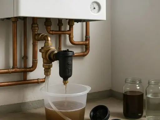 Nettoyage du circuit d'un plancher chauffant : de l'eau boueuse s'écoule d'un filtre vers un seau, montrant l'importance du désembouage.
